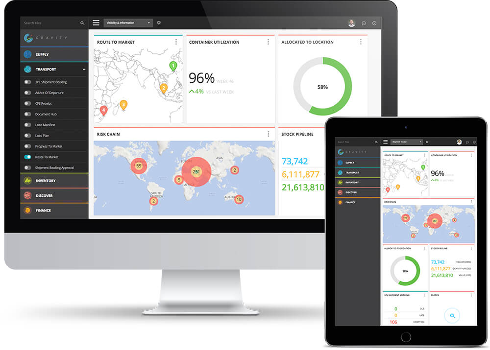 Gravity Supply Chain's Real-Time Visibility Software's Mock Up on devices